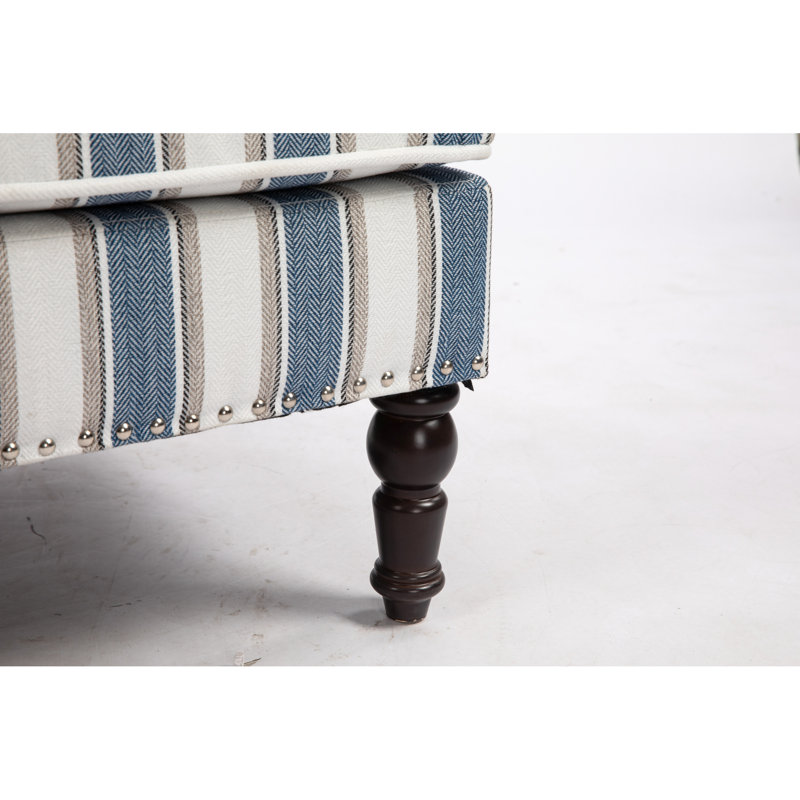 Fauteuil rembourré en lin rayé bleu et blanc, style rétro pour le salon avec garniture cloutée, fauteuil d'appoint confortable à rayures, construction relaxante du fauteuil