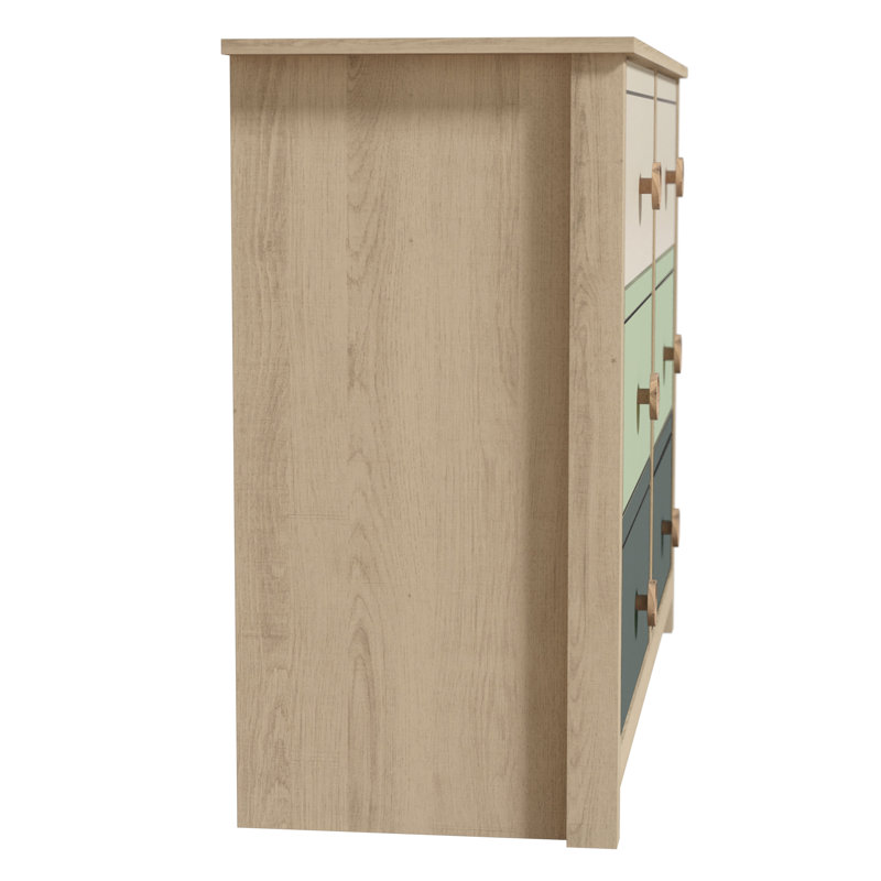 Commode 6 tiroirs Bustillo, Chêne Oslo / parchemin / vert sauge / vert chou f