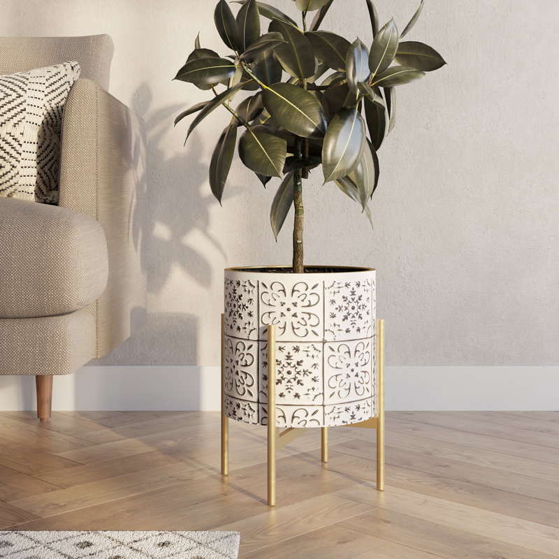 Marsha Mid Century Modern Indoor Metal Pot Planter With 4-Leg Metal Base, 18" H x 13.75" W x 13.75" D
