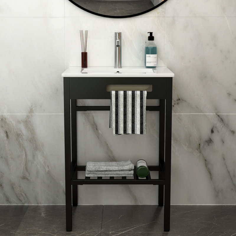 Lavabo console de salle de bain en céramique 24 "x 18" avec trop-plein et pieds noirs, teinture hygiénique, faible absorption d'eau, fixation murale pour un évier blanc peu encombrant, trop-plein, construction, facile