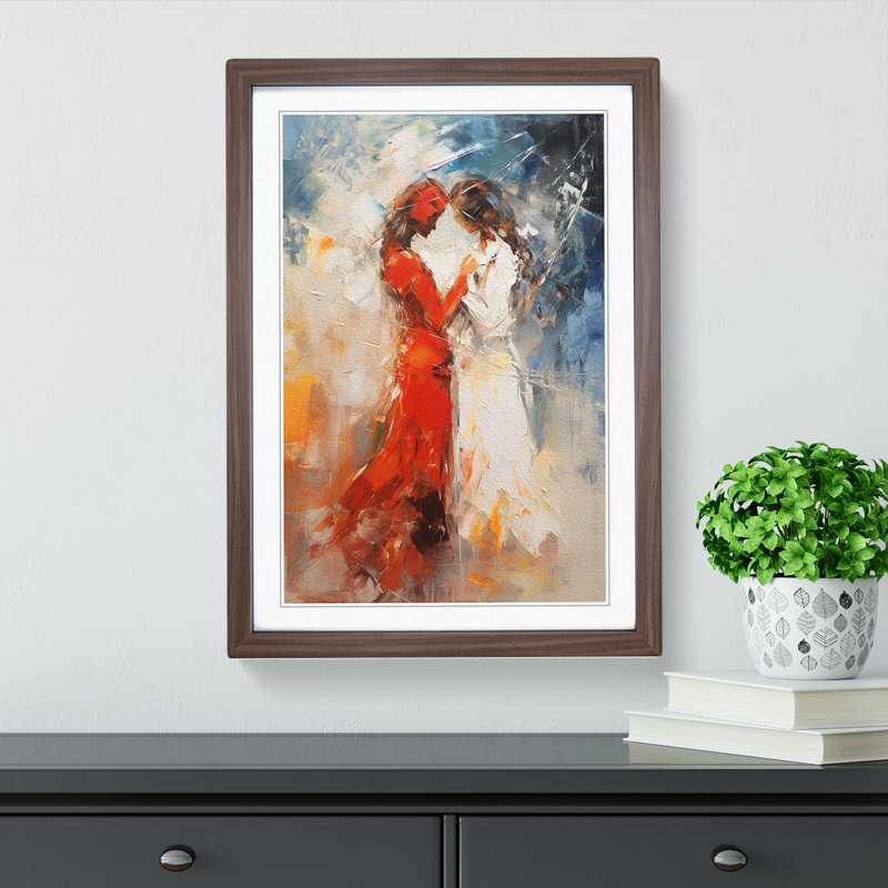 Two Women In Love Gestural - Single Picture Frame Print on Wood, Walnut Framed, 64cm H x 46cm W