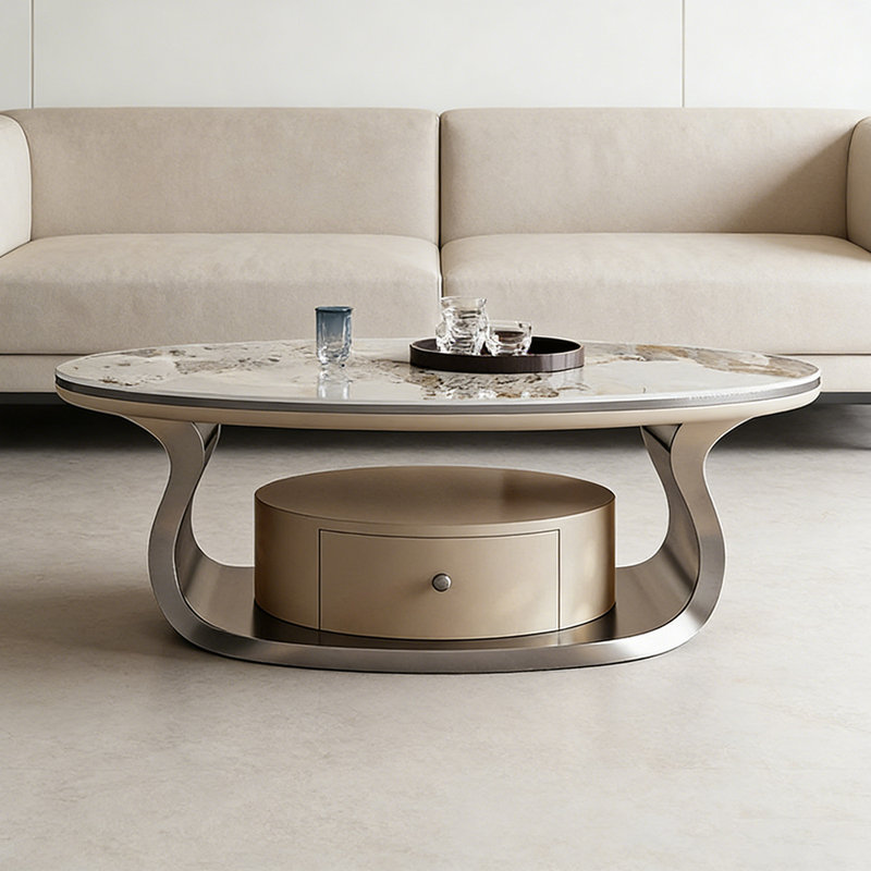 Table basse moderne ovale avec base en acier inoxydable, Argent argent, 16.53" H x 51.18" L x 27.55" W