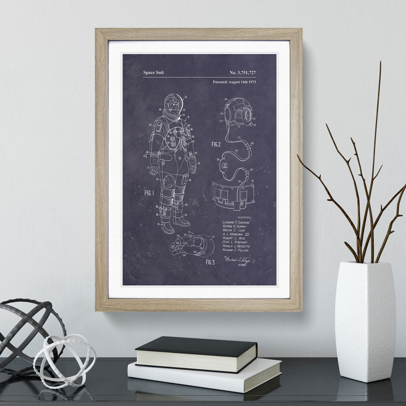 Space Suit Patent Dark 1 Piece Single Picture Frame Wall Art, 90cm H x 65cm W x 2cm D, Oak Framed
