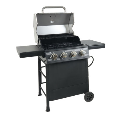 Barbecue d'extérieur au propane à 4 brûleurs avec tablettes latérales et roues, noir