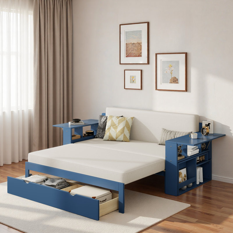 Lit de jour multifonctionnel avec tiroir de rangement, compartiments ouverts et table d'appoint hydraulique, Blue 