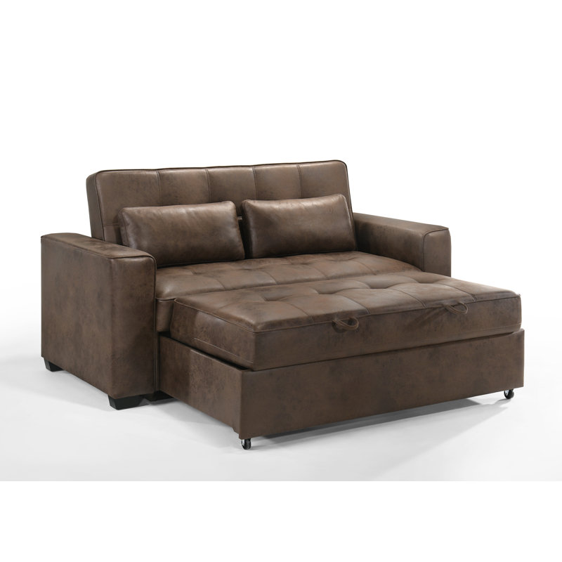Kridia 77'' Faux Leather Reclining Sleeper Sofa, Walnut Faux leather, Full