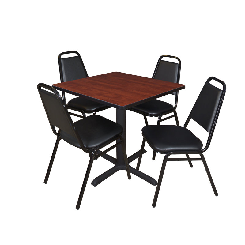 Cain Small Square X-Base Breakroom Table & 4 Restaurant Stack Chairs, Cherry