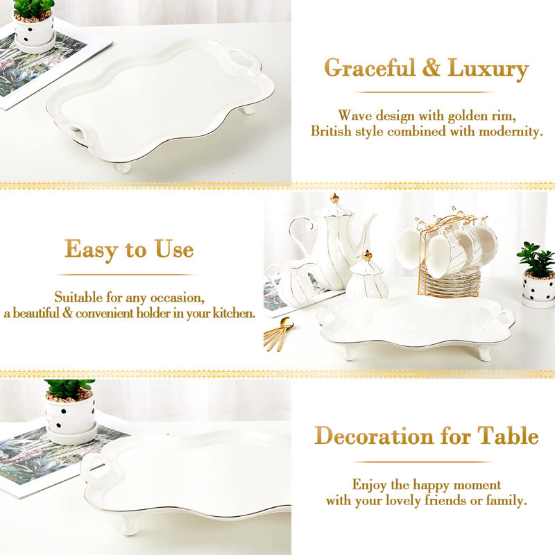 White Porcelain Serving Tray with Gold Rim and Handles