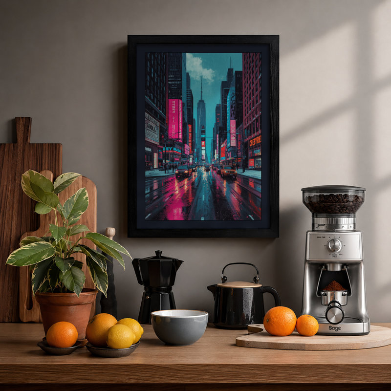 Neon City Rain Modern - Framed Print, Black, A3 - 42.0 x 29.7 cm
