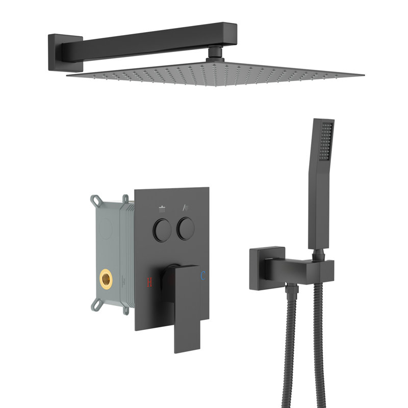 12 Inch Square Wall Mounted Dual Shower Head System In Matte Black With - Scald Balanced Valve, Rainfall Experience, 360 Swivel And Handheld Spray For Various Needs System, Balanced, Adjustable