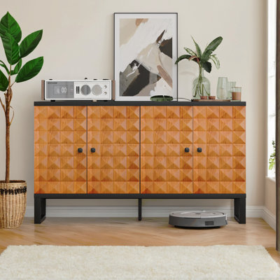 Buffet moderne avec espace de rangement, armoire de rangement en bois à quatre portes de style rétro, armoire décorative multifonctionnelle à motifs géométriques, convient au salon, à la salle à manger, à l'entrée, au couloir