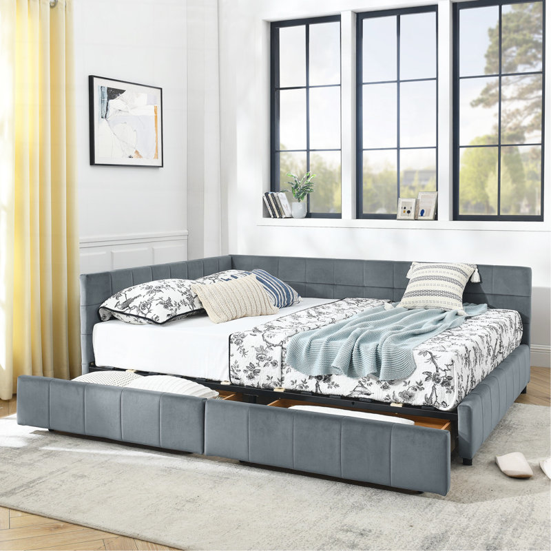 Grand lit capitonné avec rangement capitonné, cadre de canapé-lit avec dossier confortable et accoudoirs, grand lit pour chambre à coucher, salon, velours, gris (85,5 po x 64,5 po x 29,5 po)