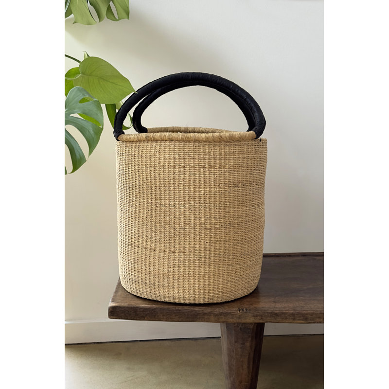 Handwoven Double Weave Hamper Basket with Leather Handles