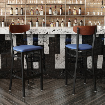 Everlena Commercial Metal Barstool with Wood Seat and Boomerang Back