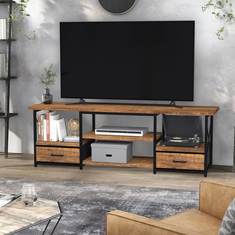 Industrial Tv Stand With Open Storage And Fabric Drawers For 55-65 Inch Tvs – Perfect For Living Room And Bedroom., 63"