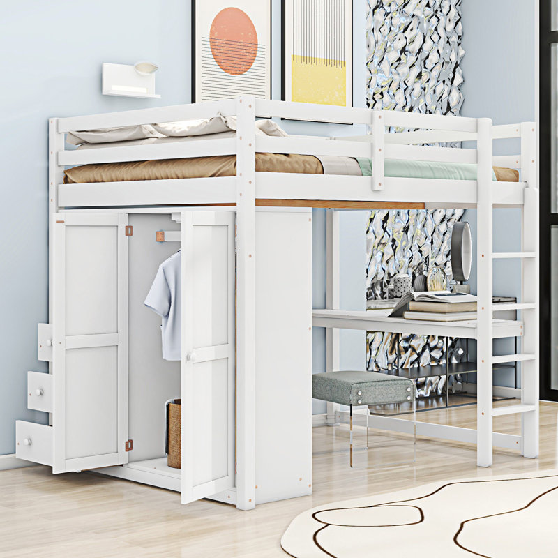 Lit mezzanine en bois avec garde-robe intégré, Blanc