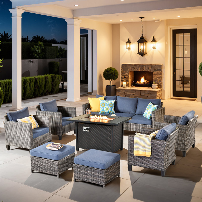 Allcot 7 - Person Wicker/Rattan Patio Furniture Set, Outdoor Fire Pit Sofa Set with Throw Pillows and Comfy Cushions