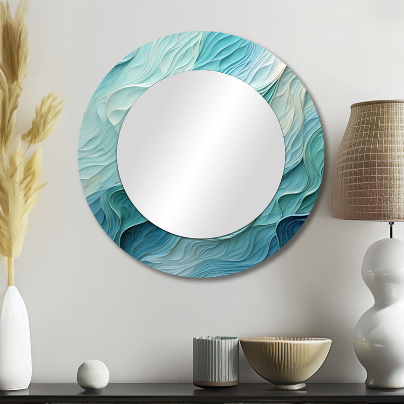 Aqua Blue And White Serenity Swirl I - Abstract Spirals Unique Mirror, Blue Large Round Wall Mirror, Printed Metal Art