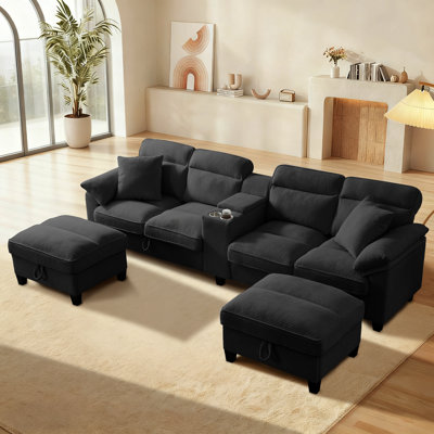 U-Shaped Corduroy Sectional Sofa, Cloud Comfort With Storage Ottomans & USB/Type-C Ports-Black
