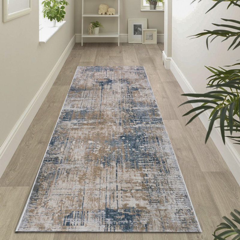 Tapis abstrait brun / gris / beige, Tapis de couloir 2 pi 7 po x 23 pi