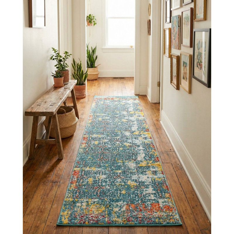 Tapis bleu à motif abstrait Folmar, Tapis de couloir 2 pi 2 po x 6 pi 1 po