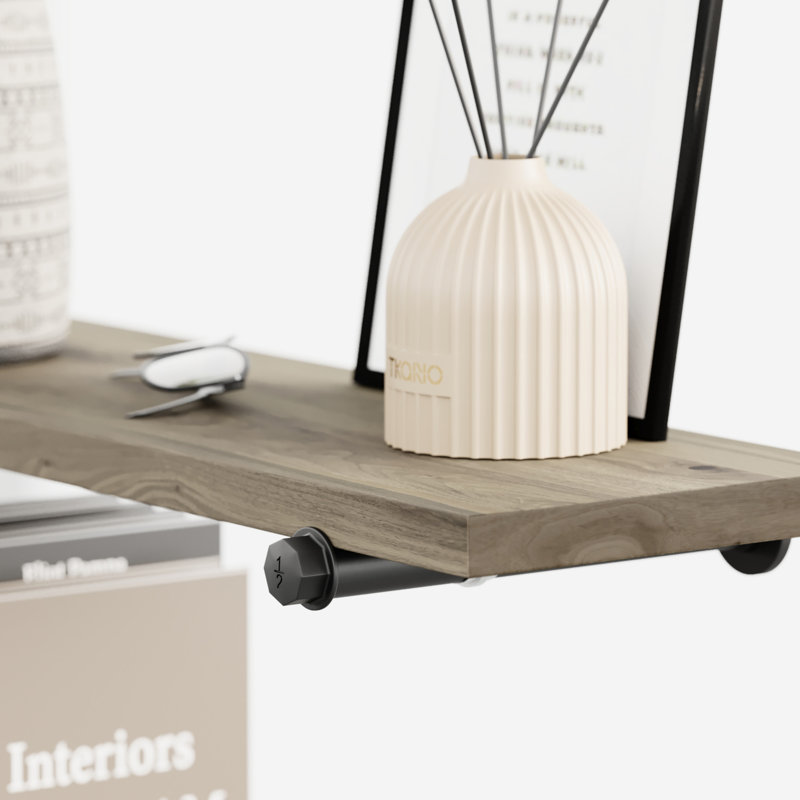 Solid Wood Floating Shelves with Pipe Brackets, Gray, 1" H x 18" W x 8" D