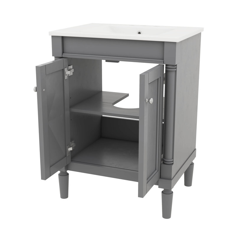 Meuble-lavabo contemporain de 24 po avec lavabo sur pied et armoire de rangement à deux niveaux, Gris, Argent argent
