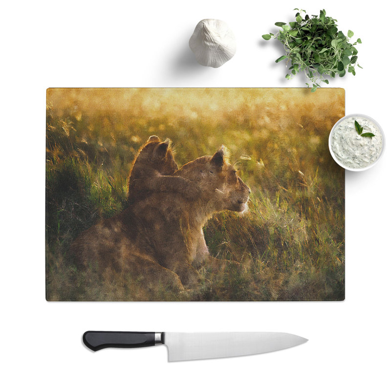 Lioness with Lion Cub Painting Chopping Board, 0.4cm H x 28.5cm W x 39cm L
