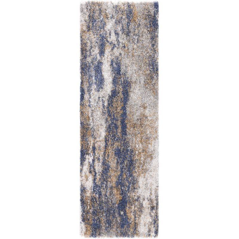 Tapis à poils longs bleu / or Ridley, Tapis de couloir 2 pi 2 po x 6 pi