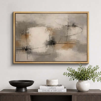 Soft Neutral Abstract Artwork with Linear Black Accents, Living Room Pictures, Framed Canvas Giclee Print Wall Art