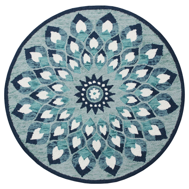 Tapis rond en laine touffeté à la main bleu / gris, Rond 4 pi