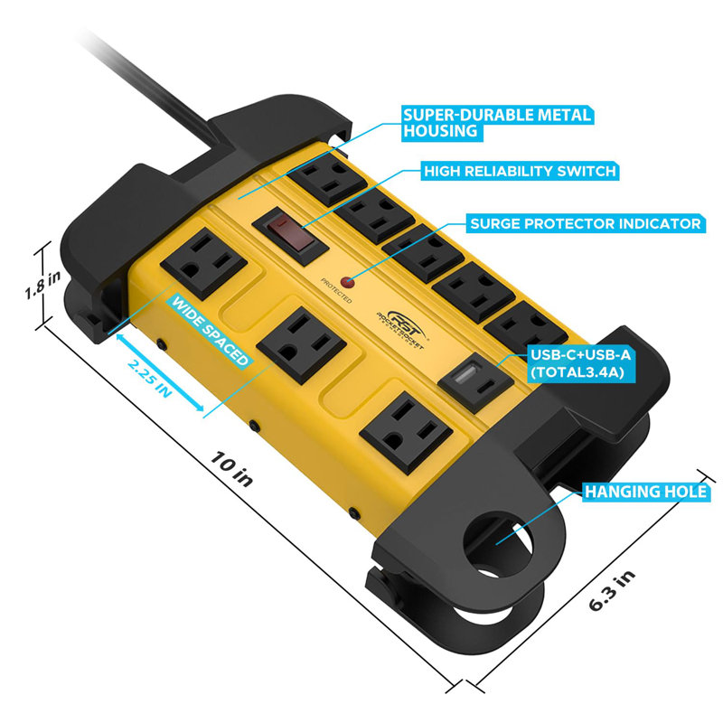 Multiprise résistante aux surtensions CRST avec double ports USB 1350J en métal robuste à 8 prises, rallonge de 15 pi, montage et suspension, homologuée ETL