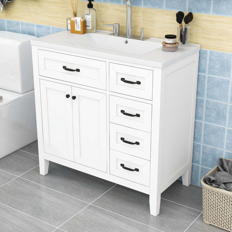 Meuble-lavabo autoportant avec lavabo en céramique, 3 tiroirs et armoire de rangement, Blanc