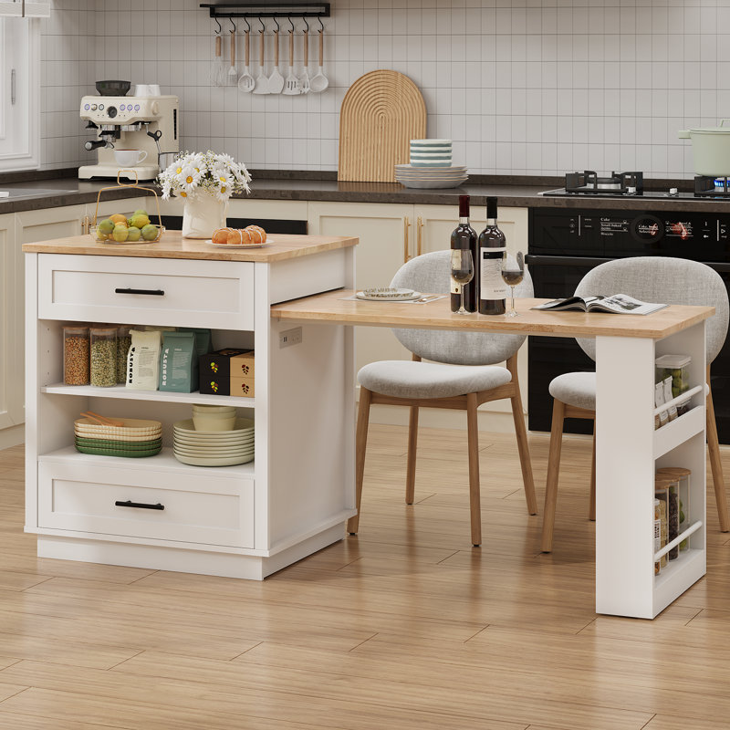 76" Kitchen Island With Expandable Solid Wood Top, White