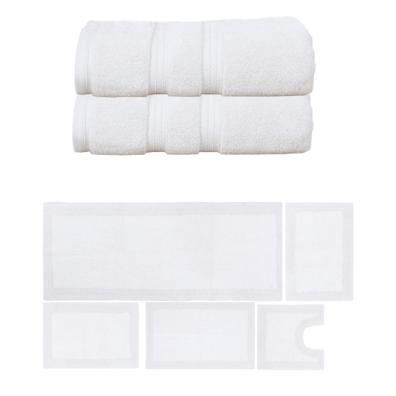 Buariki Collection 100% Soft Cotton 2 Pc Bath Towel Set & Bath Rug Set, Reversible, Linen