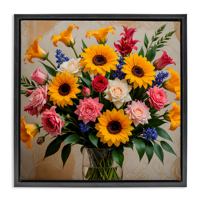 «Bold Sunflowers Mixed Bouquet», Cadre flottant noir de jais, H 25 po x l 25 po