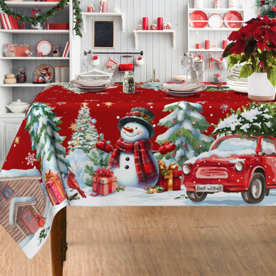 Nappe de Noël rectangulaire 60 po x 84 po, housse de table en polyester rétro rouge avec imprimé bonhomme de neige, décoration de Noël pour pique-nique d'hiver, fête et dîner