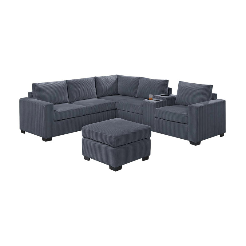 Canapé modulaire en L 4 pièces avec accoudoirs carrés et console en velours côtelé gris foncé pour le salon