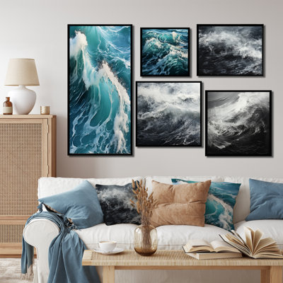 Tempête de vagues noires et blanches - océan, ensemble de 5 impressions sur toile