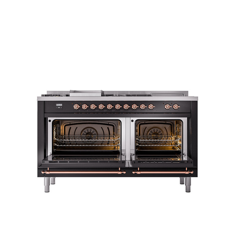 ILVE Nostalgie II 60 in Dual Fuel Range, 7 Burner, Griddle, Frenchtop, Liquid Propane, Glossy Black/Copper