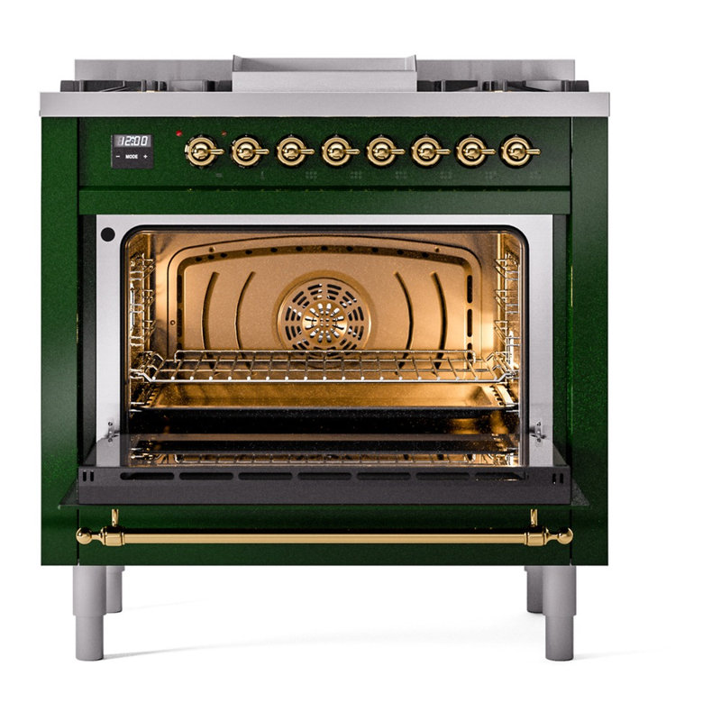 ILVE Nostalgie II Series 36 inch Dual Fuel Range with 6 Burners, Griddle (Glass Door), Emerald Green/Brass, Natural Gas