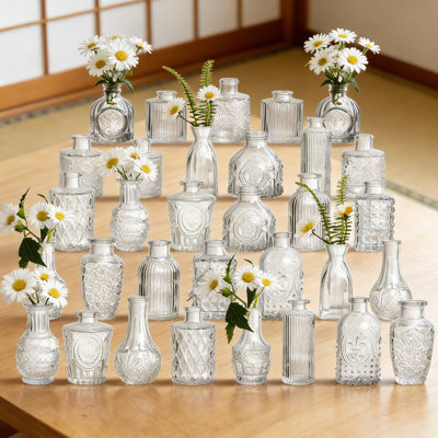 Set Of 32 Assorted Mini Glass Bud Vases For Flowers, Vintage Crystal Clear Table Centerpieces For Wedding, Home Decor And Event Decorations