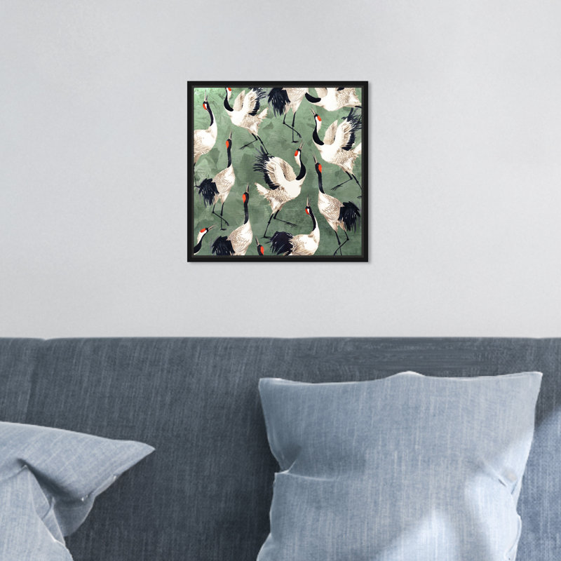 «Animals Grazing Cranes Birds», impression sur toile, H 12 po x l 12 po, Toile encadrée, Noir