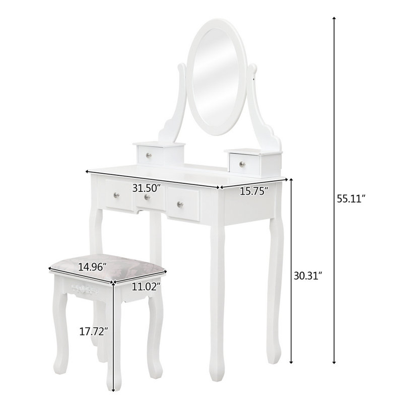 Coiffeuse 5 tiroirs à miroir simple blanc