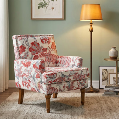 Chaise décorative à motif floral, fauteuil clouté, fauteuil rembourré avec pieds en bois massif