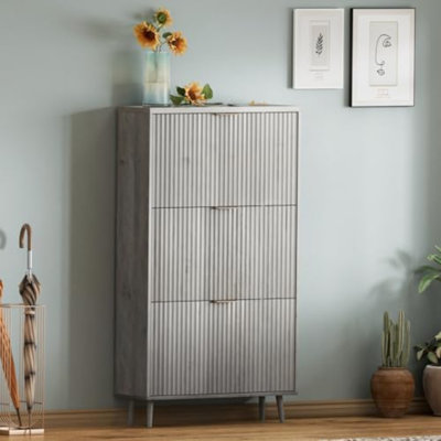 Rangement pour armoire à chaussures, rangement autoportant moderne avec 3 tiroirs rabattables, étagère à chaussures étroite pour entrée, gris