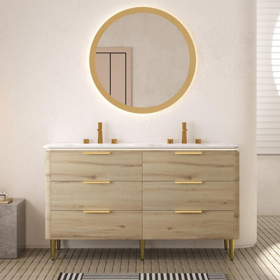 60" Freestanding Double Sink Bathroom Vanity With Carrara White Sintered Stone Integrated Basin, Curved Edge Plywood Cabinet With LED Motion Sensor Light , Pre-Assembled