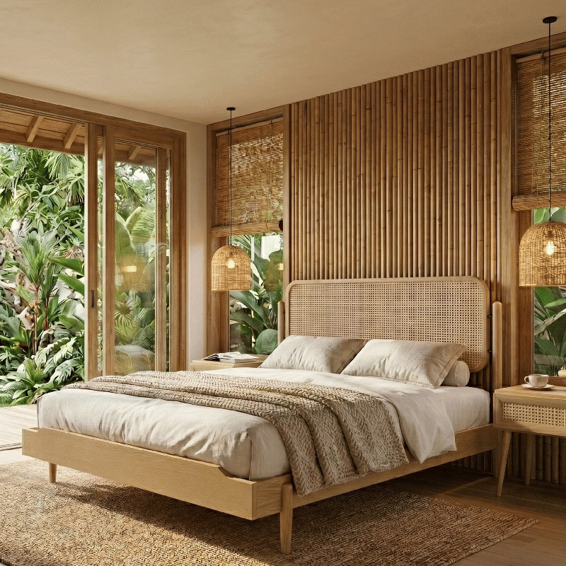 Grand lit plateforme NTC Ariston avec tête de lit en rotin naturel tissé à la main - Placage de chêne, pieds en chêne américain massif, design luxueux et décontracté, lattes silencieuses, assemblage sans effort, grand lit