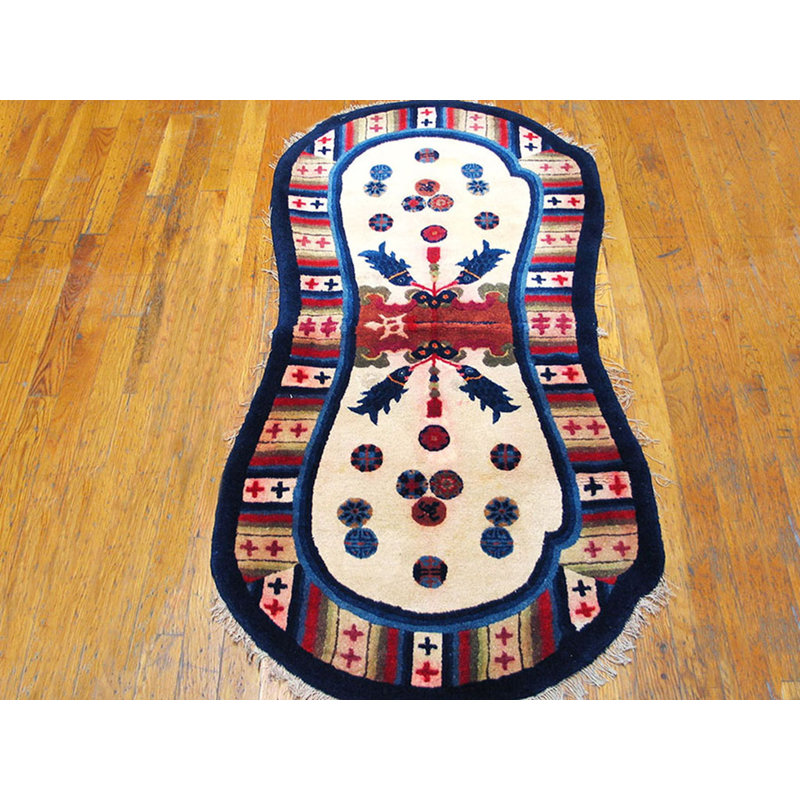 Antique Chinese Geometric Medallion Wool Hand Knotted Pile Ivory Beige Cream White 1930s Rug