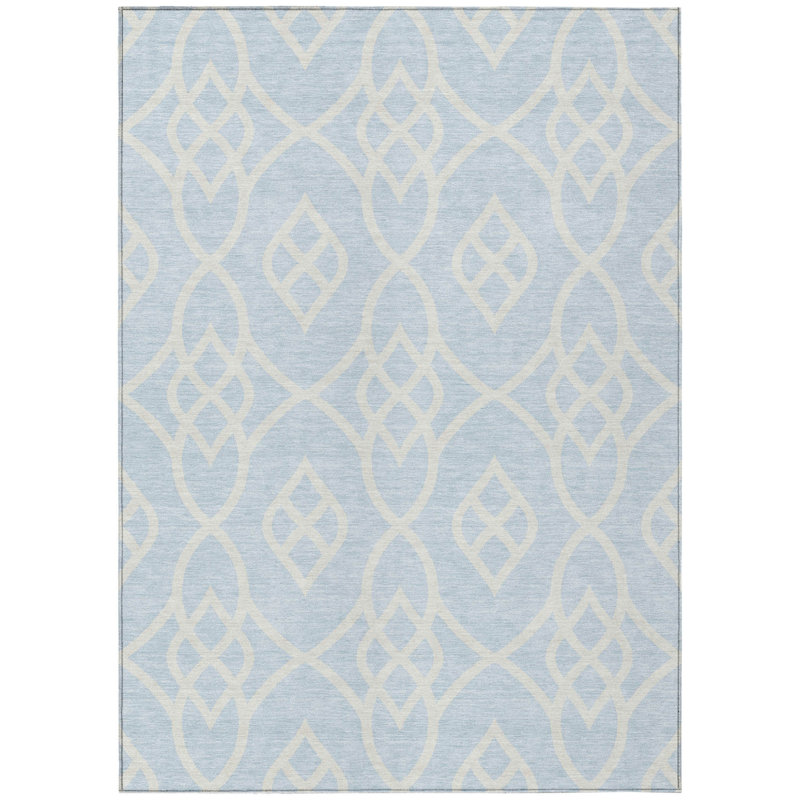 3' X 5' Sky Blue And Ivory Trellis Washable Indoor Outdoor Area Rug